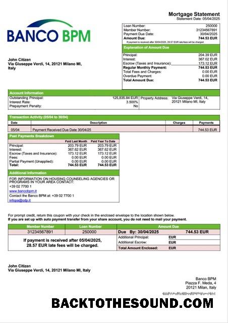 İndir İtalya Banco BPM İpotek Hesap Özeti Word and PDF Örnek örnek
