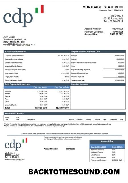 İndir İtalya Cassa Depositi e Prestiti İpotek Hesap Özeti Word and PDF Örnek şablon