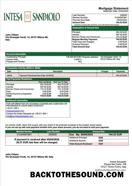 İndir İtalya Intesa Sanpaolo İpotek Hesap Özeti Word and PDF Örnek taslak