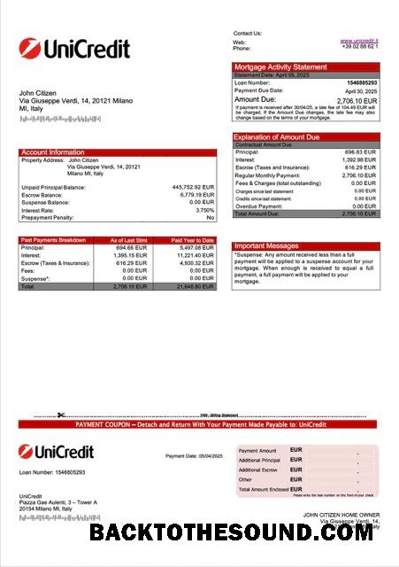 İndir İtalya UniCredit İpotek Hesap Özeti Word and PDF Örnek tasarım