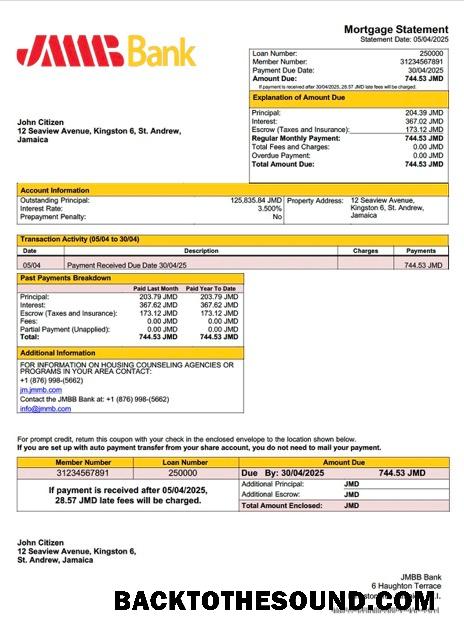 İndir Jamaika JMMB Banka Limited İpotek Hesap Özeti Word and PDF Örnek tasarım