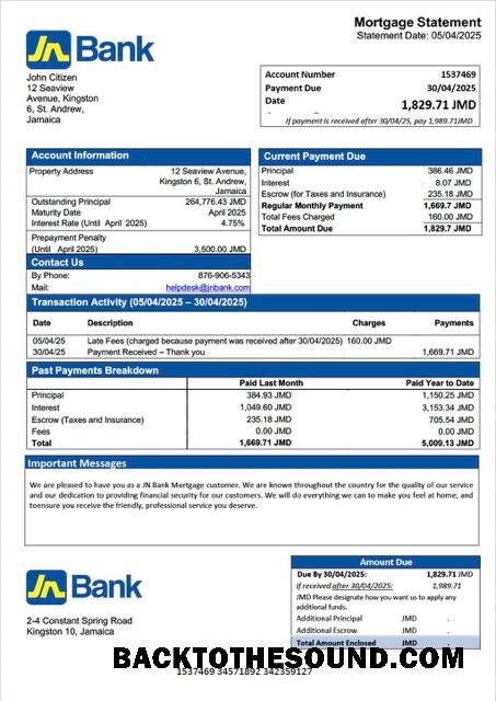 İndir Jamaika ulusal Banka (JN Banka) İpotek Hesap Özeti Word and PDF Örnek tasarım