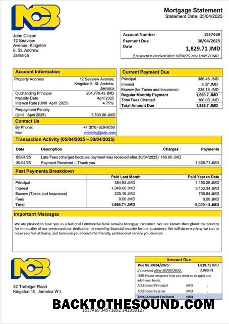İndir Jamaika ulusal ticari Banka Jamaika Limited (NCB) İpotek Hesap Özeti Word and PDF Örnek örnek