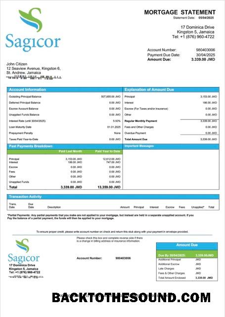 İndir Jamaika Sagicor Banka Jamaika Limited İpotek Hesap Özeti Word and PDF Örnek örnek