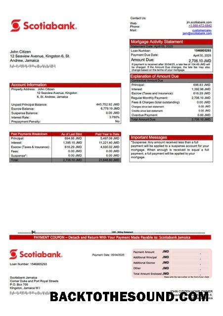 İndir Jamaika Scotiabank İpotek Hesap Özeti Word and PDF Örnek tasarım