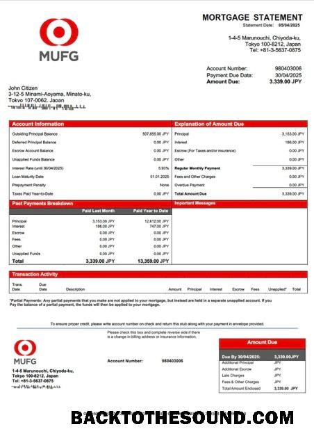 İndir Japonya The Banka of Tokyo Mitsubishi UFJ (MUFG) İpotek Hesap Özeti Word and PDF Örnek ön izleme