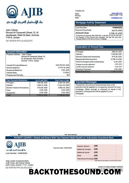 İndir Ürdün Arab Ürdün Yatırım Banka (AJIB) İpotek Hesap Özeti Word and PDF Örnek tasarım