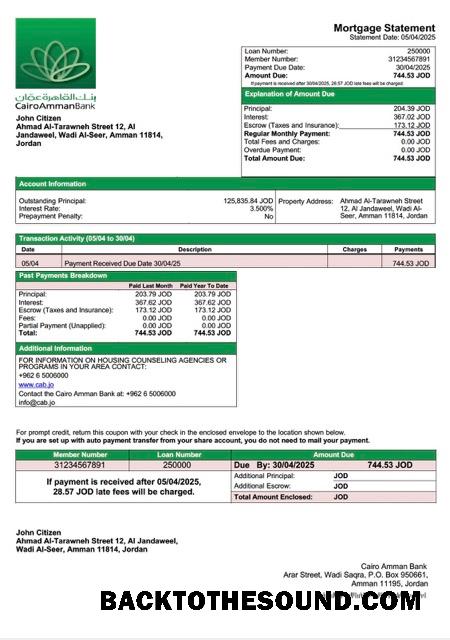 İndir Ürdün Cairo Amman Banka İpotek Hesap Özeti Word and PDF Örnek şablon