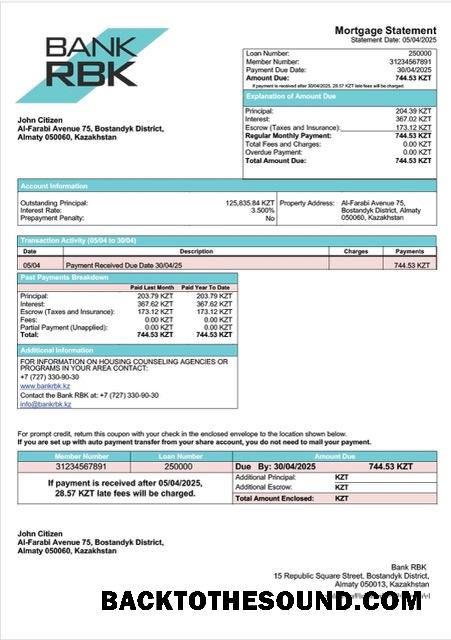 İndir Kazakistan Banka RBK İpotek Hesap Özeti Word and PDF Örnek tasarım