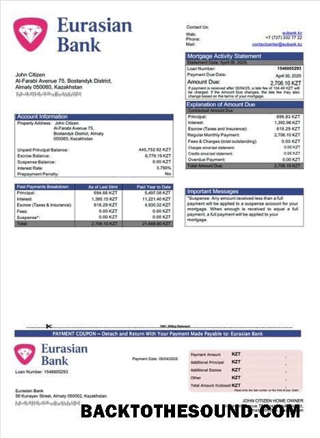 İndir Kazakistan Eurasian Banka İpotek Hesap Özeti Word and PDF Örnek şablon