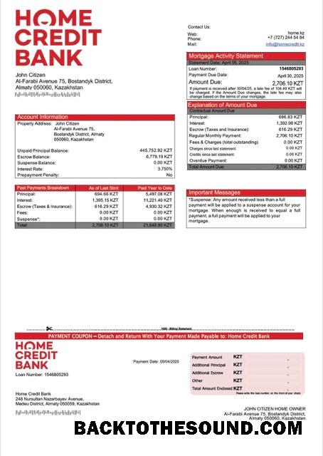 İndir Kazakistan Home Kredi Banka Kazakistan İpotek Hesap Özeti Word and PDF Örnek ön izleme