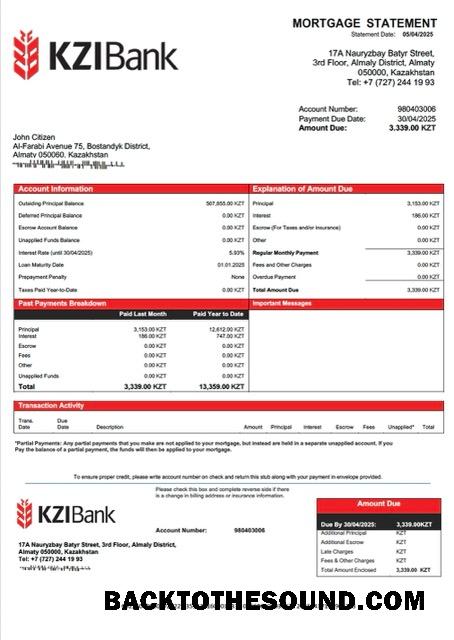 İndir Kazakistan KZI Banka İpotek Hesap Özeti Word and PDF Örnek tasarım