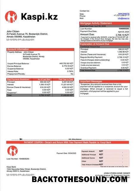 İndir Kazakistan Kaspi Banka İpotek Hesap Özeti Word and PDF Örnek tasarım