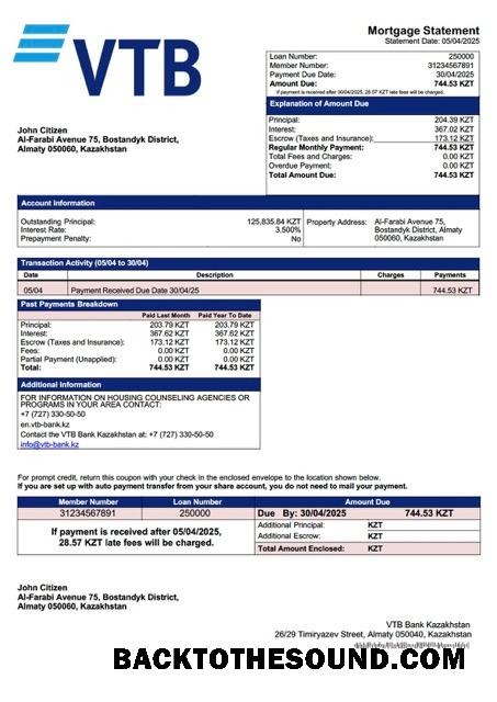 İndir Kazakistan VTB Banka Kazakistan İpotek Hesap Özeti Word and PDF Örnek taslak