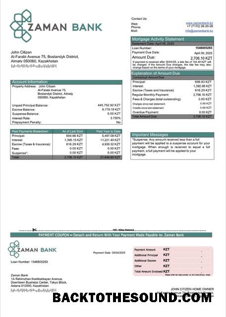İndir Kazakistan Zaman Banka İpotek Hesap Özeti Word and PDF Örnek şablon