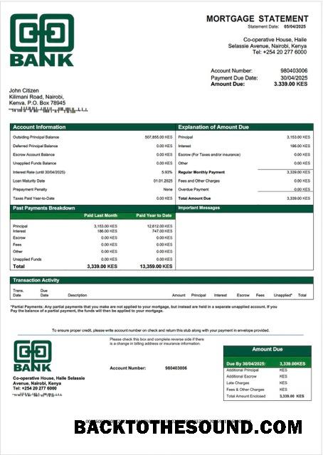 İndir Kenya Co operative Banka of Kenya İpotek Hesap Özeti Word and PDF Örnek taslak