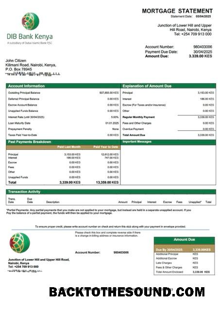 İndir Kenya DIB Banka Kenya İpotek Hesap Özeti Word and PDF Örnek tasarım