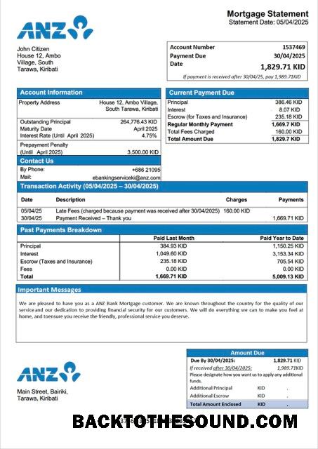 İndir Kiribati ANZ Banka İpotek Hesap Özeti Word and PDF Örnek ön izleme