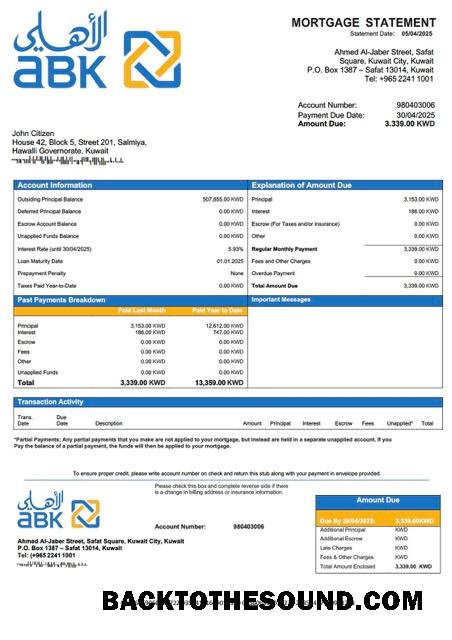 İndir Kuveyt Al Ahli Banka of Kuveyt İpotek Hesap Özeti Word and PDF Örnek ön izleme
