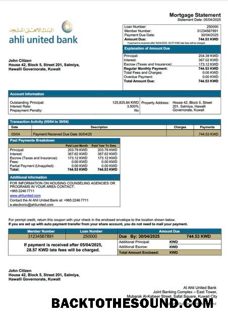 İndir Kuveyt Al Ahli birleşik Banka İpotek Hesap Özeti Word and PDF Örnek ön izleme