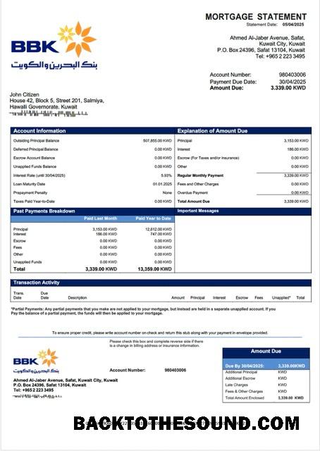 İndir Kuveyt Banka of Bahreyn and Kuveyt İpotek Hesap Özeti Word and PDF Örnek ön izleme