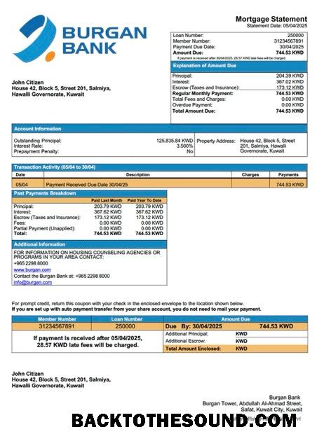 İndir Kuveyt Burgan Banka İpotek Hesap Özeti Word and PDF Örnek şablon