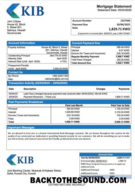 İndir Kuveyt uluslararası Banka İpotek Hesap Özeti Word and PDF Örnek şablon