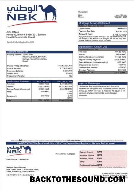 İndir Kuveyt ulusal Banka of Kuveyt İpotek Hesap Özeti Word and PDF Örnek şablon