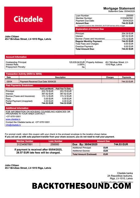 İndir Letonya Citadele banka İpotek Hesap Özeti Word and PDF Örnek şablon