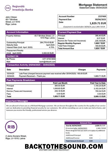 İndir Letonya RIB Banka İpotek Hesap Özeti Word and PDF Örnek şablon