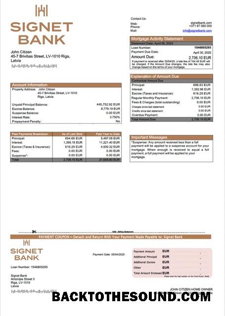 İndir Letonya Signet Banka İpotek Hesap Özeti Word and PDF Örnek şablon
