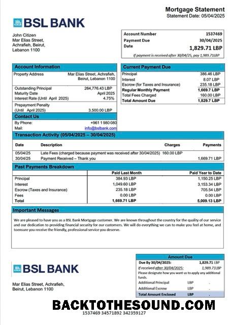 İndir Lübnan BSL Banka İpotek Hesap Özeti Word and PDF Örnek tasarım