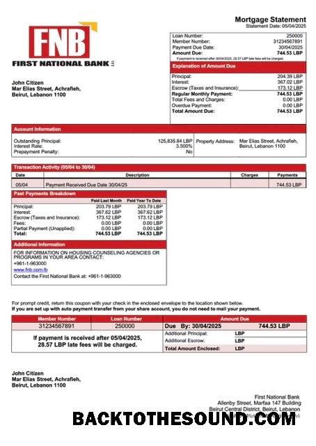 İndir Lübnan First ulusal Banka İpotek Hesap Özeti Word and PDF Örnek tasarım