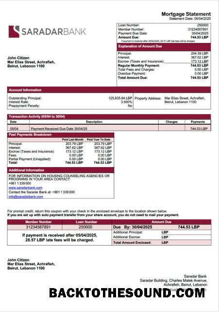 İndir Lübnan Saradar Banka İpotek Hesap Özeti Word and PDF Örnek ön izleme