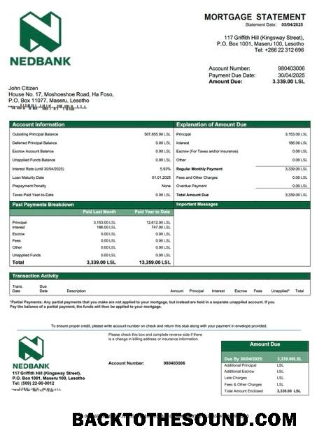 İndir Lesotho Nedbank Lesotho İpotek Hesap Özeti Word and PDF Örnek taslak
