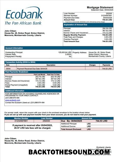 İndir Liberya Ecobank Liberya İpotek Hesap Özeti Word and PDF Örnek tasarım