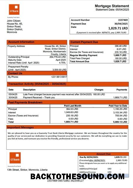İndir Liberya Guaranty Trust Banka Liberya İpotek Hesap Özeti Word and PDF Örnek taslak