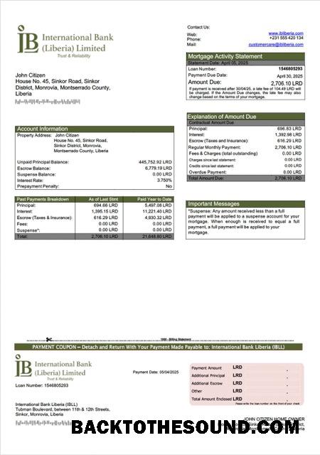 İndir Liberya uluslararası Banka Liberya (IBLL) İpotek Hesap Özeti Word and PDF Örnek ön izleme