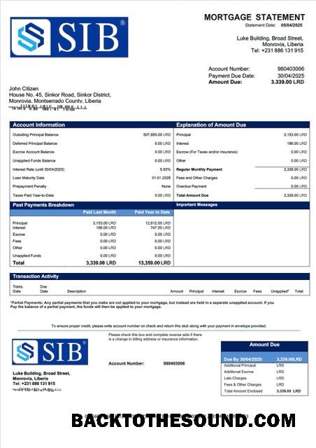 İndir Liberya Sapelle uluslararası Banka Liberya Limited İpotek Hesap Özeti Word and PDF Örnek şablon