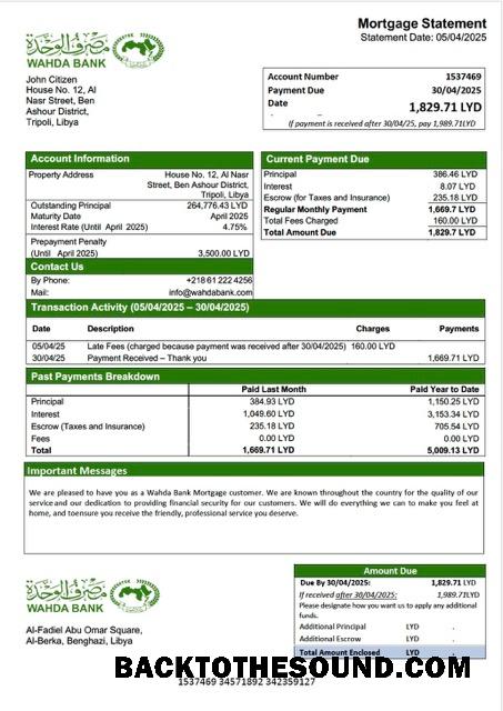 İndir Libya Wahda Banka İpotek Hesap Özeti Word and PDF Örnek tasarım