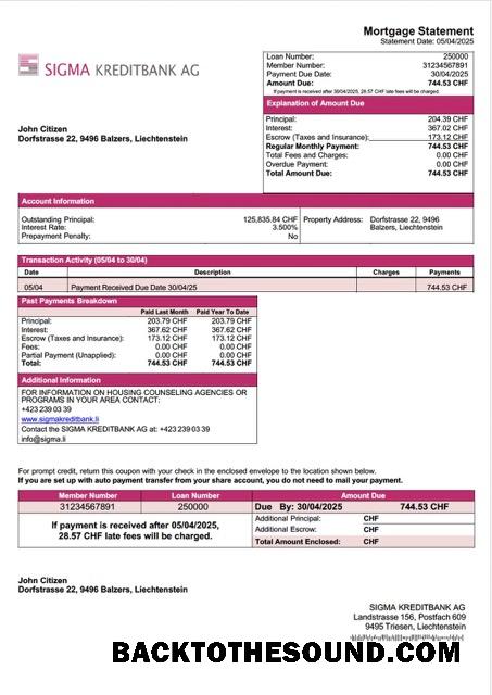 İndir Lihtenştayn SIGMA KREDITBANK AG İpotek Hesap Özeti Word and PDF Örnek örnek