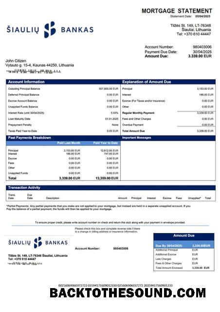 İndir Litvanya AB Šiaulių bankas İpotek Hesap Özeti Word and PDF Örnek şablon