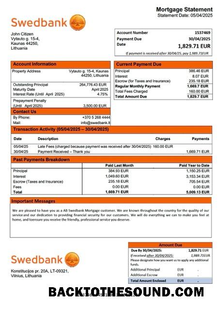 İndir Litvanya AB Swedbank İpotek Hesap Özeti Word and PDF Örnek örnek