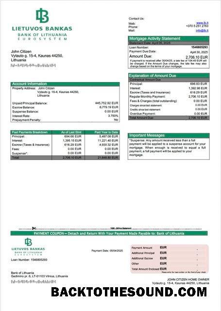 İndir Litvanya Banka of Litvanya İpotek Hesap Özeti Word and PDF Örnek şablon