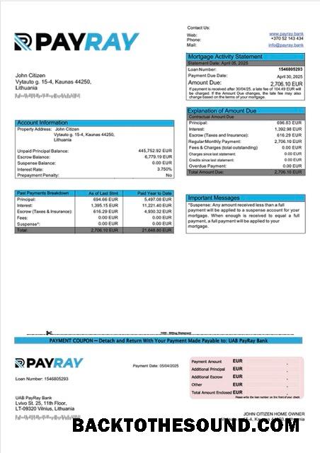 İndir Litvanya UAB PayRay Banka İpotek Hesap Özeti Word and PDF Örnek şablon