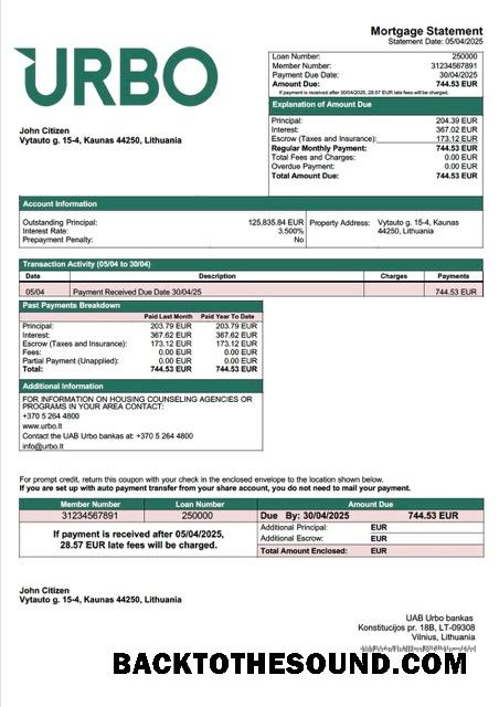 İndir Litvanya UAB Urbo bankas İpotek Hesap Özeti Word and PDF Örnek şablon