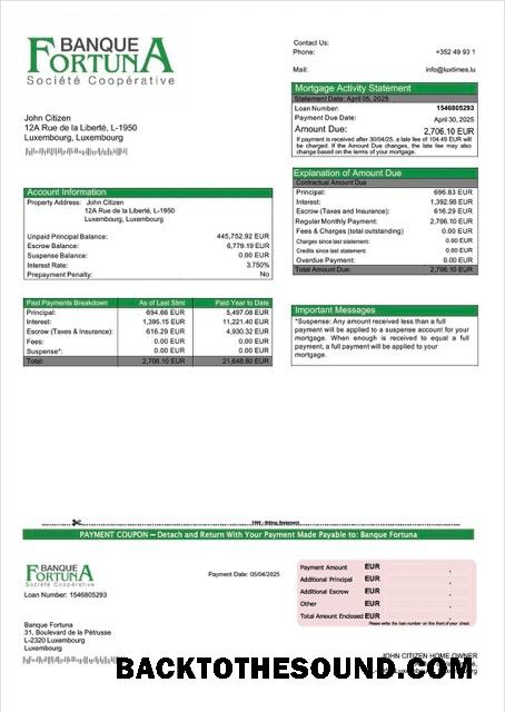 İndir Lüksemburg Banque Fortuna İpotek Hesap Özeti Word and PDF Örnek şablon
