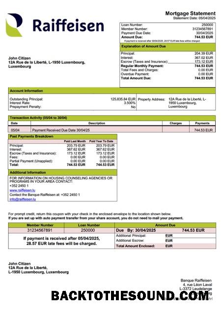 İndir Lüksemburg Banque Raiffeisen İpotek Hesap Özeti Word and PDF Örnek şablon