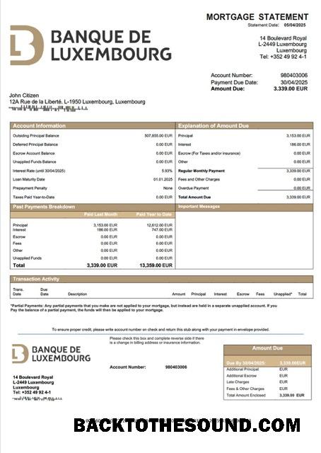 İndir Lüksemburg Banque de Lüksemburg İpotek Hesap Özeti Word and PDF Örnek ön izleme