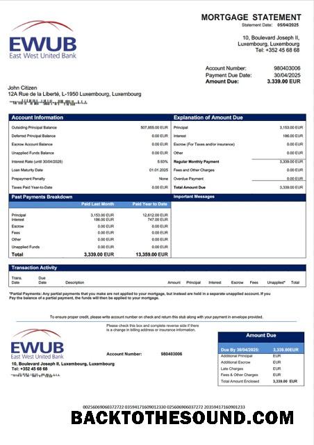 İndir Lüksemburg East West birleşik Banka İpotek Hesap Özeti Word and PDF Örnek ön izleme